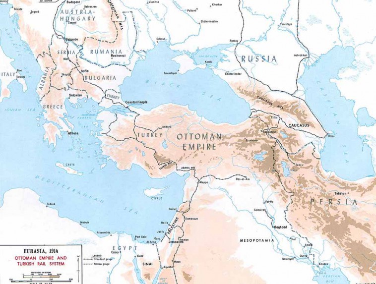 Строительство Хиджазской железной дороги началось в 1900 году. На этой карте показана Хиджазская ветка как часть всей железнодорожной сети Османской империи